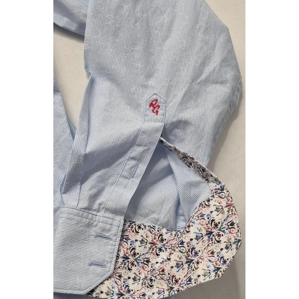 Robert Graham Classic fit men's white/blue strip bird pattern button up shirt LG